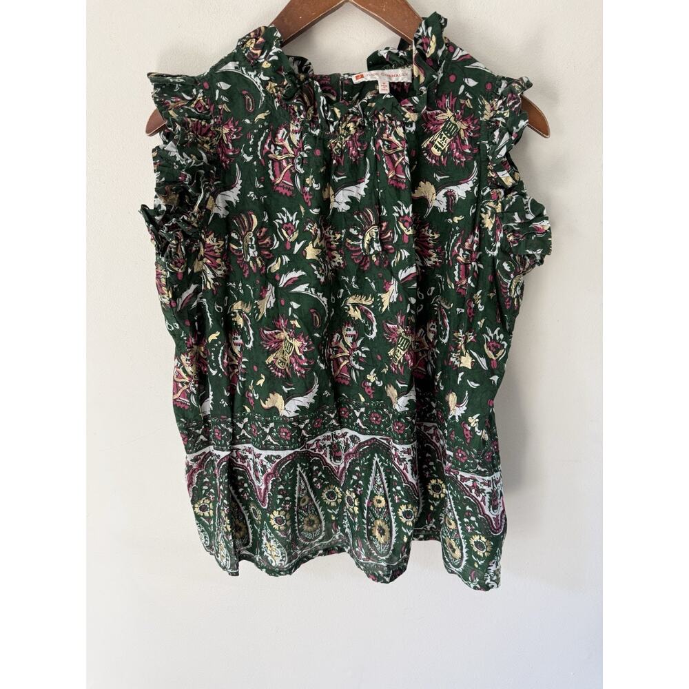 Jude Connally Floral Blouse Green Smocked High Neck Top Womens Size M Casual
